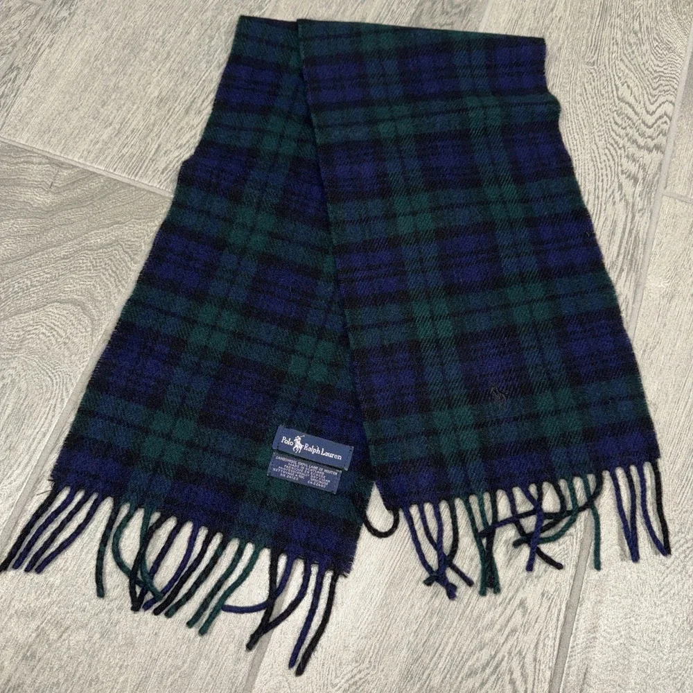 Polo Ralph Lauren Scarf 100% Lambswool Plaid Tartan Blue Green Black Classic